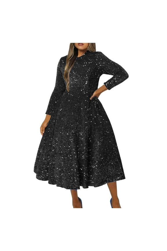 Spring Dresses for Women 2024, Womens Sequin Dresses Casual Loose Long Sleeve Crewneck High Waisted with Swing Pleated Hem Solid Party Gown Plus Size Maxi Dresses Spring