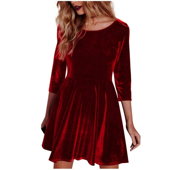 ylioge Spring Dresses for Women 2025, Womens Vintage Golden Velvet Dress Casual Solid Dresses Long Sleeve High Waisted with Swing Pleated Hem Midi Dresses Spring