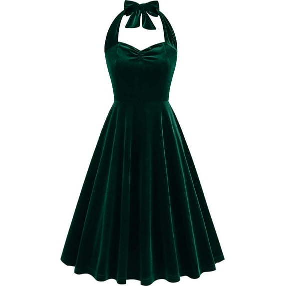 ylioge Spring Dresses for Women 2024, Womens Vintage Golden Velvet Dress Casual Solid Halterneck Dresses Sleeveless Off Shoulder High Waisted with Swing Pleated Hem Maxi Dresses Spring