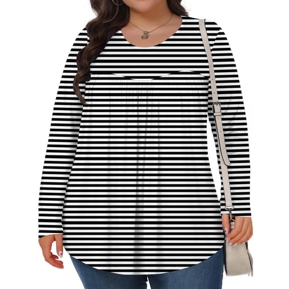 ylioge Stripe Tops for Women Plus Size L-5X Long Sleeve Crewneck Shirts Womens Casual Loose Pullover Pleated Loungewear Going-Out Oversized Top
