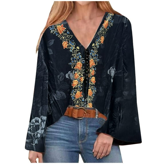 ylioge Summer Shirts for Women, Womens Boho Retro Elegant Canary Velvet Tops Casual Loose V Neck Long Sleeve Solid Color Basic Tops Shirts Summer Saving Clearance