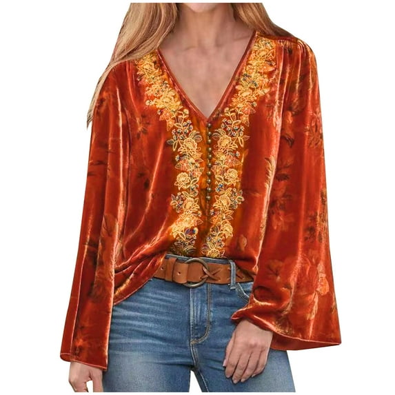 ylioge Summer Shirts for Women, Womens Bohemian Retro Elegant Canary Velvet Tops Casual Loose V Neck Long Sleeve Solid Color Basic Tops Shirts Summer