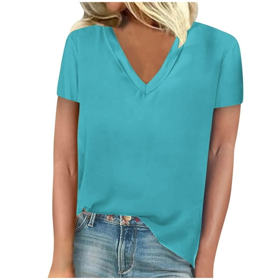 ylioge Summer Shirts for Women, Womens Summer Blouses Casual Loose V Neck Short Sleeve Solid Color Basic Classic-Fit Tops T-Shirt Blouses Summer