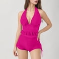 thumbnail image 1 of ylioge Summer Tankini Swimsuits for Women Two Piece Bathing Suits Ladies Trendy Solid Halterneck V Neck Tops High Waisted Shorts Bikini Sets, 1 of 5