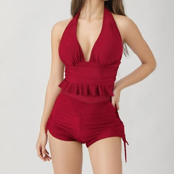 ylioge Summer Tankini Swimsuits for Women Two Piece Bathing Suits Ladies Trendy Solid Halterneck V Neck Tops High Waisted Shorts Bikini Sets