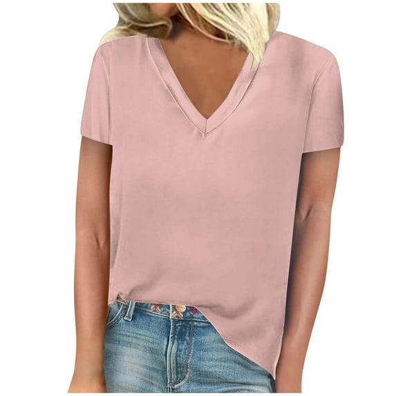 ylioge Summer Tops for Women, Womens Summer T-shirt Casual Loose V Neck Short Sleeve Solid Color Basic Classic-Fit Blouses Shirts Summer