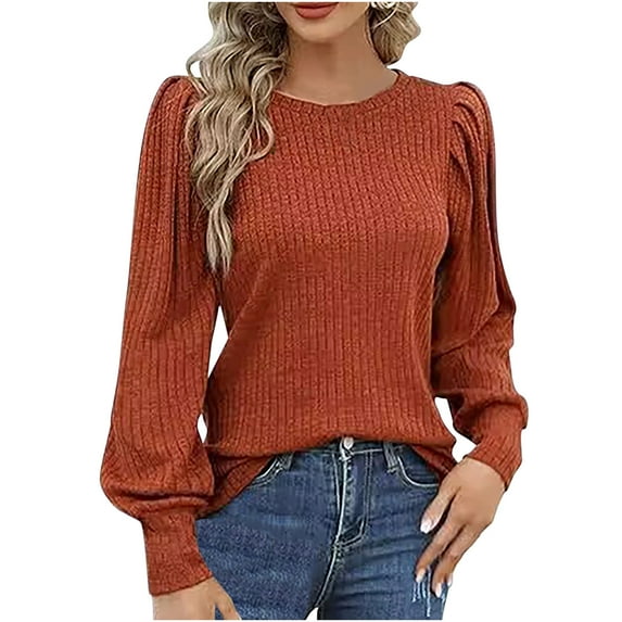 ylioge Sweaters for Women, Womens Oversized Sweater Warm Lightweight Casual Loose Long Puff Sleeve Crewneck Pullover Solid Color Stripe Knitting Sweater Spring