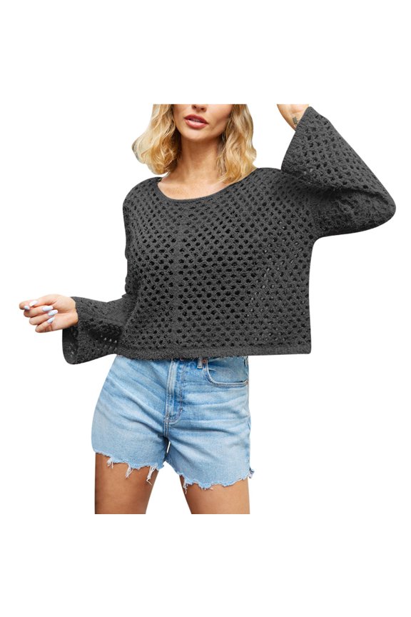Sweaters for Women, Womens New Crew Neck Hollow Mesh Knit Sweater Foreign Trade Pullover Sweater Fall
