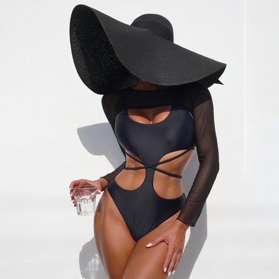 ylioge Tankini Swimsuits for Women with Long Sleeve Cover Ups Tops Two Piece Bathing Suits Built in Bras Solid Hollow-Out Bikini Sets