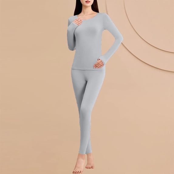 ylioge Thermal Pajama Sets for Women 2 Piece No Show Loungewear Outfits Womens Casual Solid Color Stretchy Slim Long Sleeve Tops and Pants Pajamas Set