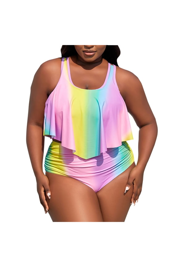 Two Bikini Sets for Women, Womens Plus Size Swimsuit Sets Casual Rainbow Ombre Tie Dye Halter Dresses Holiday Beach Bathing Suits Summer
