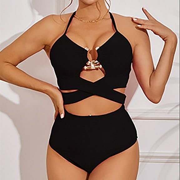 ylioge Two Piece Swimsuits for Women Deep V Neck Hollow Out Tankini Bathing Suits Ladies Solid Sleeveless Beach Hot Spring Swimwear Sets
