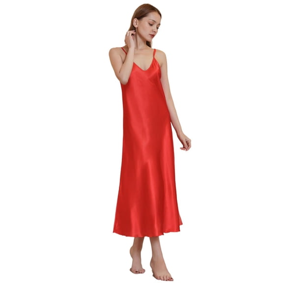 ylioge V Neck Nightgowns for Women Trendy Lightweight Silk Sleepshirts Ladies Spaghetti Strap Solid Slim-Fit Sleepwear Maxi Dresses