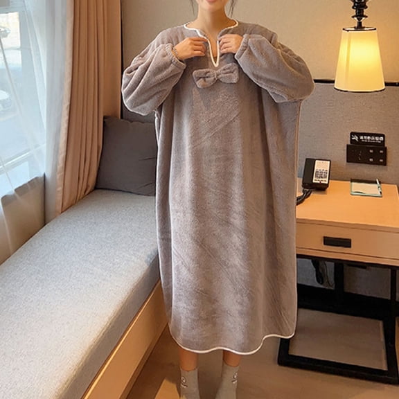 ylioge V Neck Robes for Women Fleece Nightgowns Womens Cute Solid Color Bowknot Long Sleeve Loose Pullover Thermal Warm Homewear Pajama Bath Robe