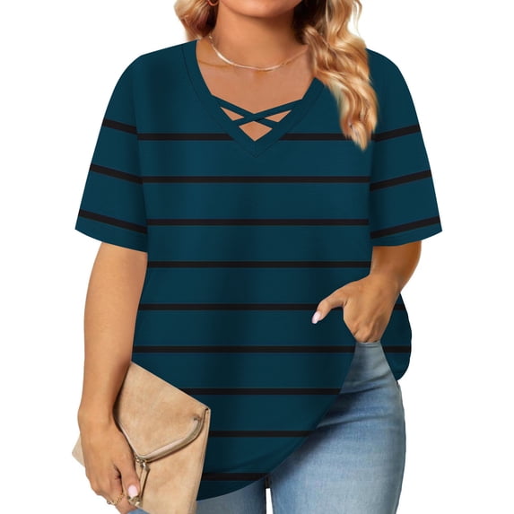 ylioge V Neck T Shirts for Women Plus Size XL-5X Short Sleeve Tees Tops Womens Casual Stripe Printed Loose Pullover Loungewear Work Blouses Top