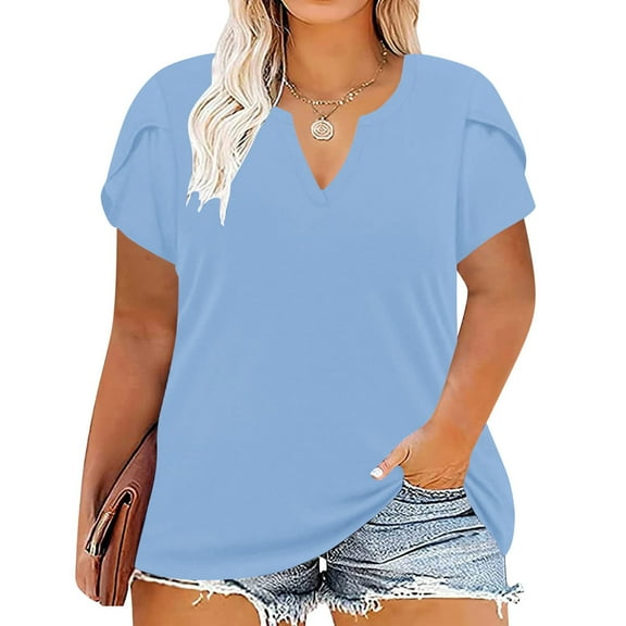 ylioge V Neck T Shirts for Women Plus Size XL-5X Short Sleeve Tops Womens Casual Solid Color Pullover Breathable Basic Loungewear Going-Out Tees Top