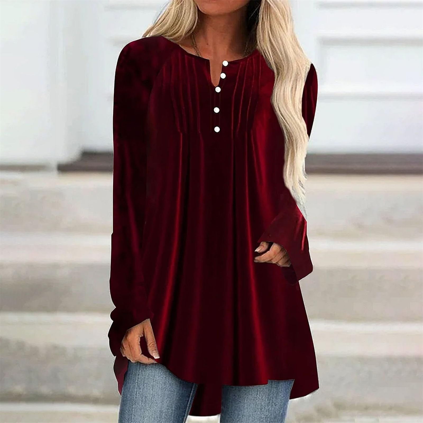 ylioge Velvet-Shirts for Women Plus Size S-5X Long Sleeve Tunic Tops Womens Trendy Solid Color Pullover Button Crewneck Pleated Raglan Blouses Top