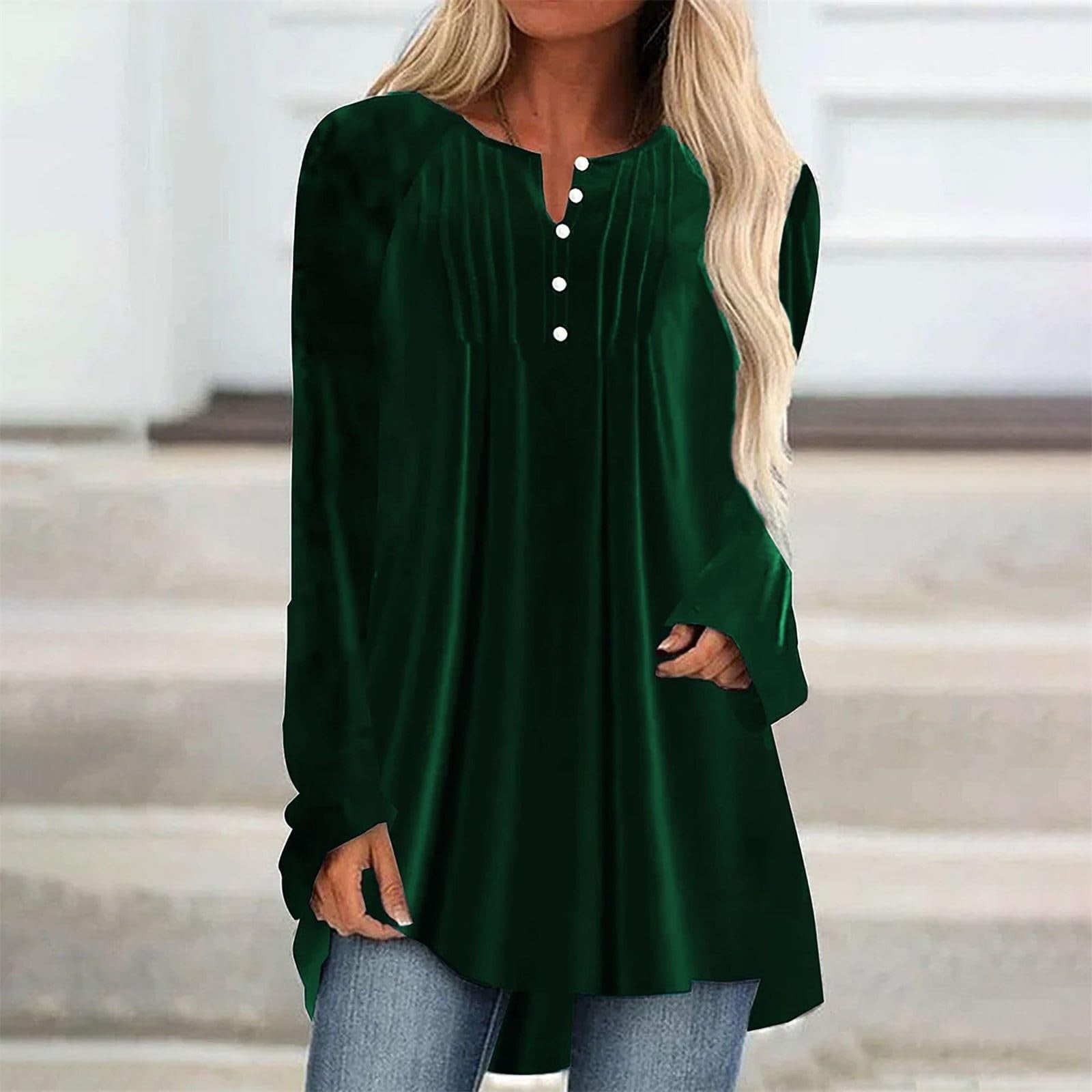 ylioge Velvet-Shirts for Women Plus Size S-5X Long Sleeve Tunic Tops Womens Trendy Solid Color Pullover Button Crewneck Pleated Raglan Blouses Top
