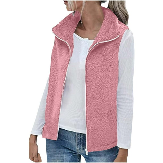 ylioge Vest for Women, Ladies Palar Fleece Lamb Wool Double-faced Velvet Plush Cardigans Sleeveless Stand Collar Zip Up Solid Color Lightweight Warm Jackets Vests Wnter Coats for Women
