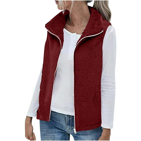 ylioge Vest for Women, Ladies Palar Fleece Lamb Wool Double-faced Velvet Plush Cardigans Sleeveless Stand Collar Zip Up Solid Color Lightweight Warm Jackets Vests Wnter Coats for Women