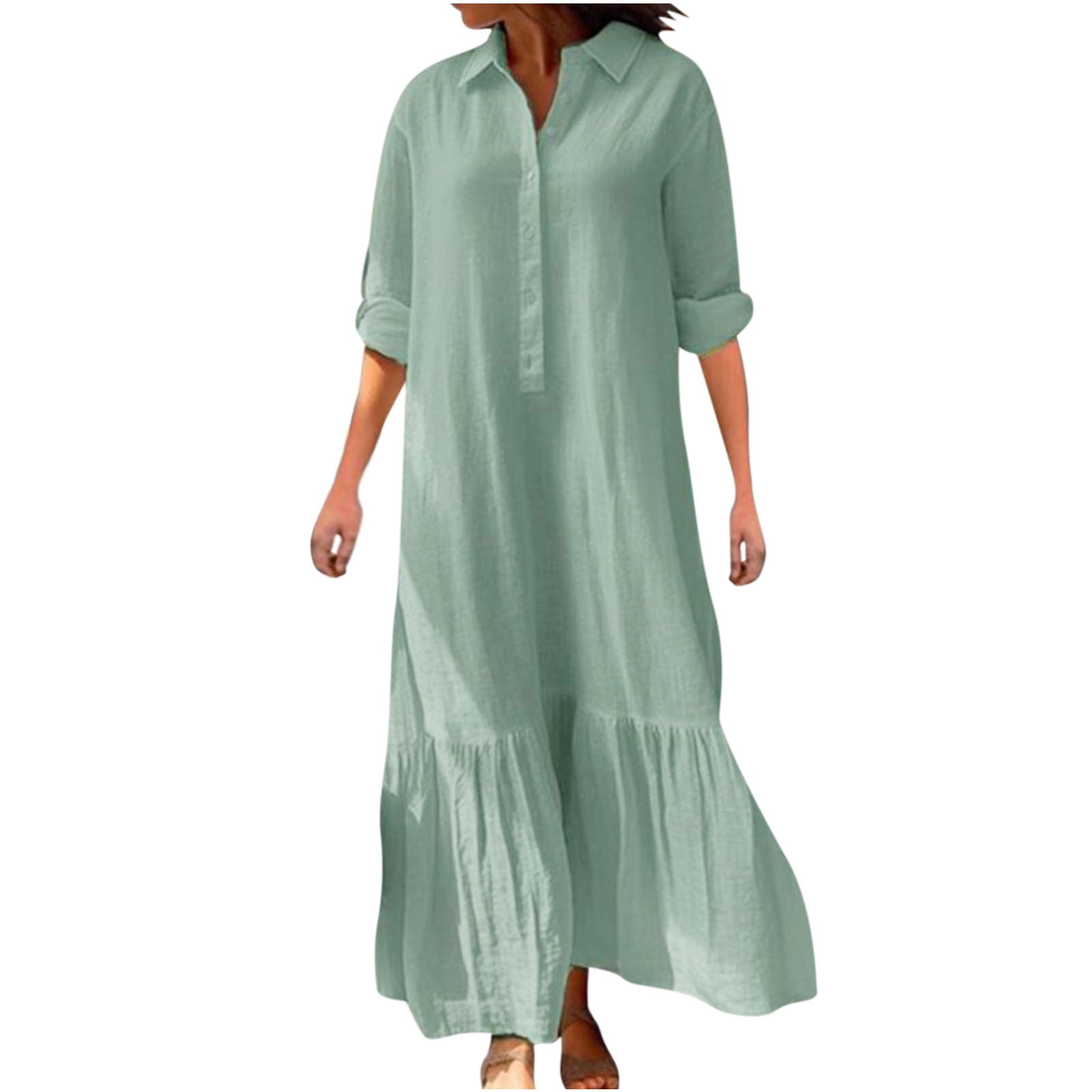 Women's Casual Maxi Dress With Pockets - Cowl Neck, Long Sleeve, Loose Fit, Plain Long Dress - View #13