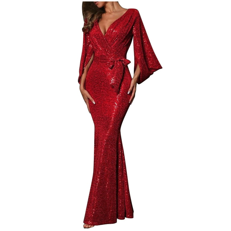 Elegant Solid Sequins Sequined V Neck Long Sleeve Dresses Elegant Solid Sequins Sequined V Neck Long Sleeve Dresses