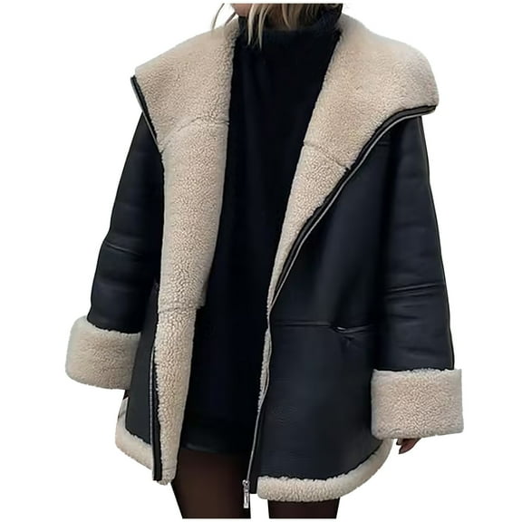 ylioge Winter Coats for Women 2023 Trendy, Womens Leather Jacket Fleece Thicken Warm Lightweight Long Sleeve Lapel Zip Up Solid Color Plush Padded Parkas Jackets With Pockets Winter