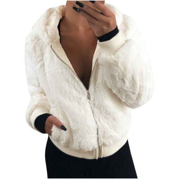 ylioge Winter Jackets for Women, Ladies Faux Fleece Plush Zip Up Hoodies Long Sleeve Solid Color Plus Size Winter Warm Jackets Soft Coats