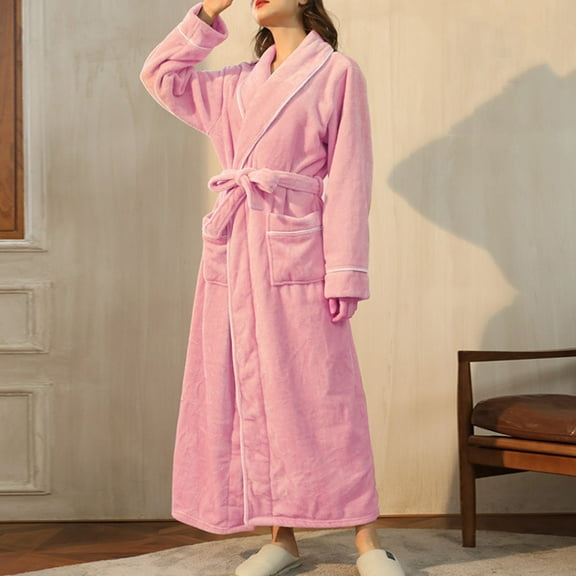 ylioge Winter Robes for Women & Men Flannel Bathrobes Unisex Couples Long Sleeve Thicken Fleece Thermal Ankle Length Loungewear Bath Robe with Pockets