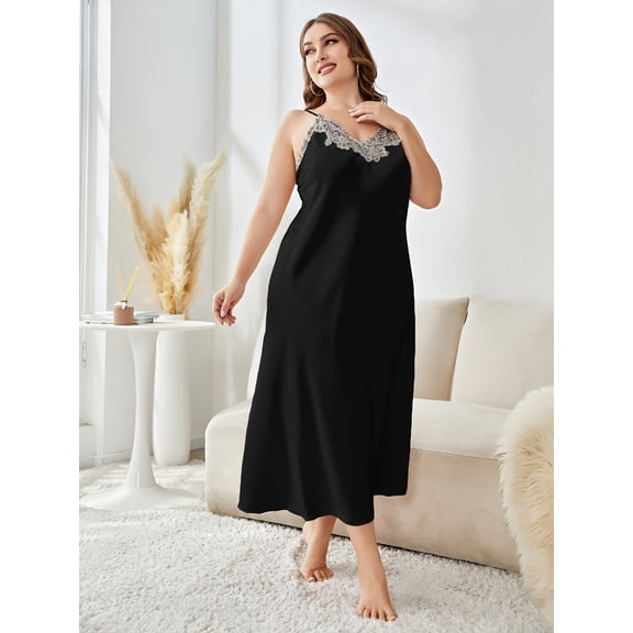 ylioge Women Plus Size Nightgowns Summer XL-5X Ladies Sleeveless Spaghetti Strap Lace Splice V Neck Soft Homewear Sleepshirts Dresses