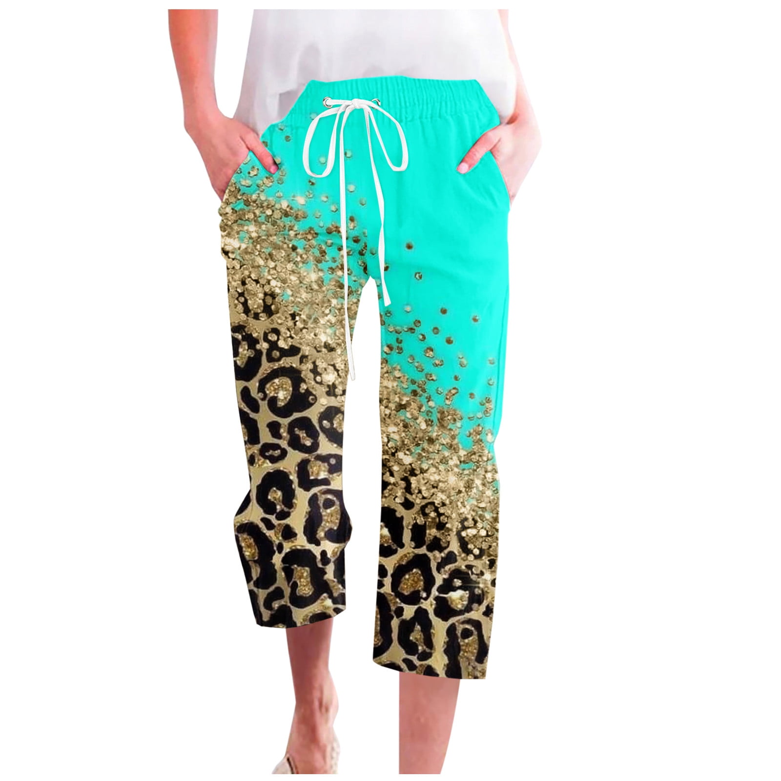 ylioge Women's Summer Trousers Pockets Drawstring Capri Leopard ...