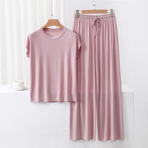 ylioge Womens 2 Piece Modal-Pajama Sets Casual Lightweight Solid Color Cap Sleeve Tops Wide Leg Pants Breathable Loungewear Pajamas Outfits Set