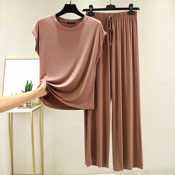 ylioge Womens 2 Piece Modal Pajama Sets Lightweight Cap Sleeve Tops Wide Leg Pants Loungewear Outfits Casual Solid Color Soft Homewear Pajamas