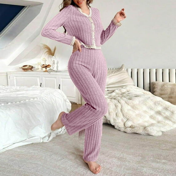 ylioge Womens 2 Piece Pajama Sets Lace Splice Long Sleeve Shirts and Pants Loungewear Outfits Ladies Casual Solid Color Comfort Homewear Pajamas
