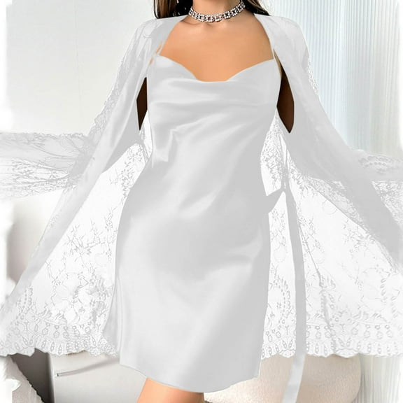 ylioge Womens 2 Piece Pajama Sets Lightweight Lace Long Sleeve Robes and Silk Satin Spaghetti Strap Nightgowns Trendy Solid Sleepwear Outfits