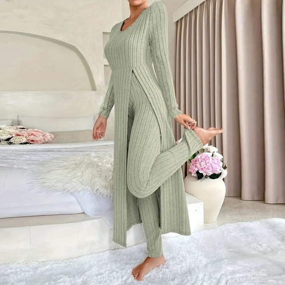 ylioge Womens 2 Piece Pajama Sets Long Sleeve Tops and Pants Sleepwear Outfits Ladies Casual Solid Color Comfortable Slim Loungewear Pajamas Set