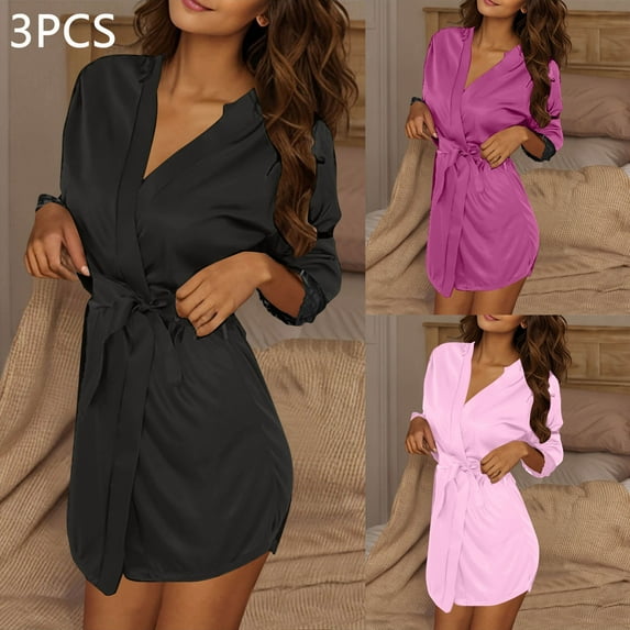 ylioge Womens 3/4 Sleeve Robes 3 Pack Lightweight Short Length Silk Satin Bathrobes Ladies Casual Solid Color Multipack Homewear Bath Robe with Belt