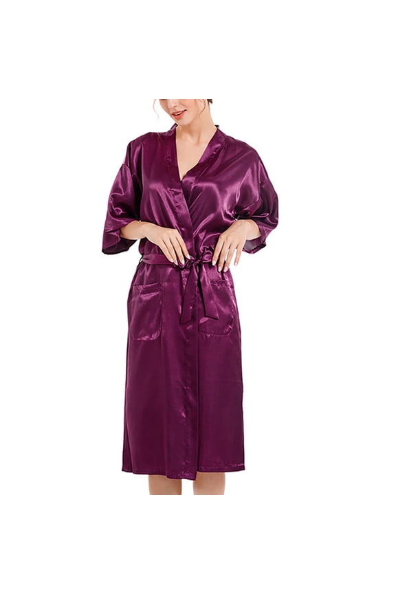 Womens 3/4 Sleeve Robes Lightweight Silk Satin Bathrobes with Pockets and Belt Ladies Casual Solid Color Soft Mid Length Homewear Bath Robe