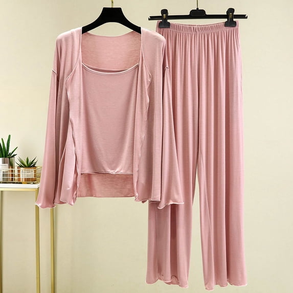 ylioge Womens 3 Piece Pajama Sets Casual Lightweight Solid Color Long Sleeve Cardigans Sleeveless Tank Tops Wide Leg Pants Loungewear Pajamas Outfits