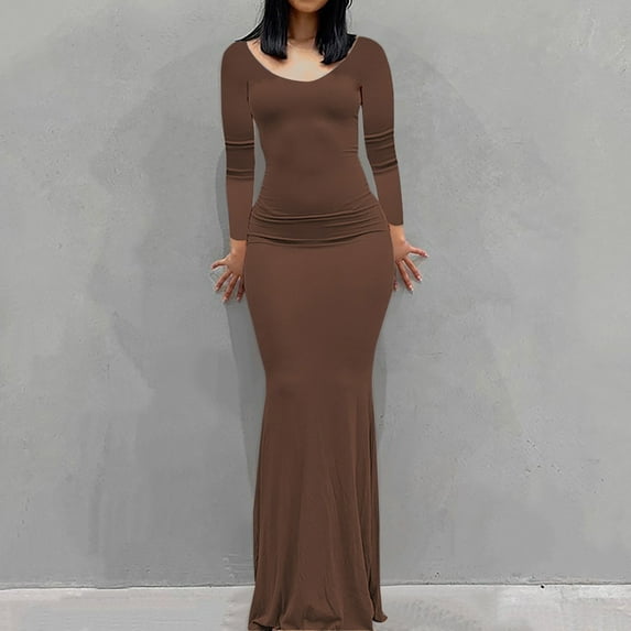ylioge Womens Bodycon Maxi Dresses Trendy Slim Fit Stretchy Long Sleeve Crew Neck Casual Solid Comfort Floor Length Dress Fall