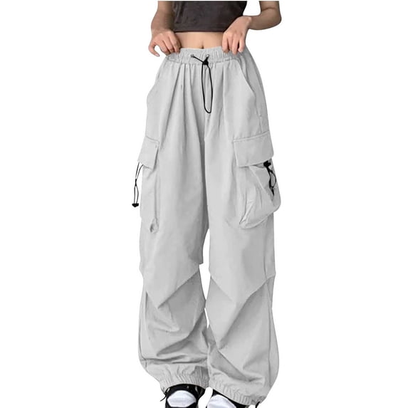 ylioge Womens Cargo Pants Baggy Casual Loose Solid Color Drawstring Elastic High Waist Stretchy Trousers Wide Leg Pants Fall Saving Clearance