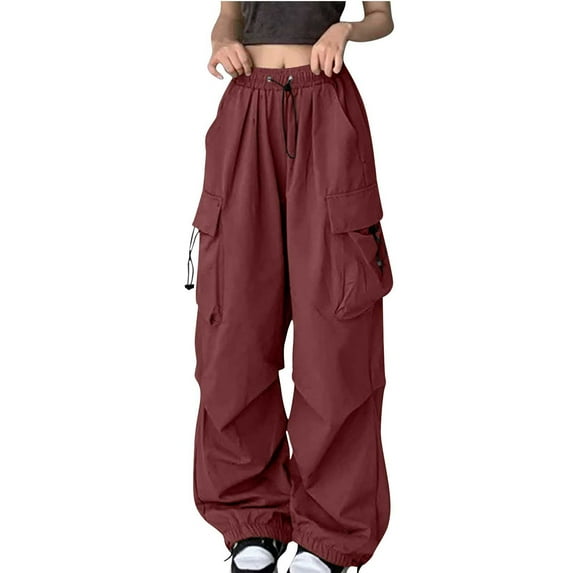 ylioge Womens Cargo Pants Baggy Casual Loose Solid Color Drawstring Elastic High Waist Stretchy Trousers Wide Leg Pants Fall