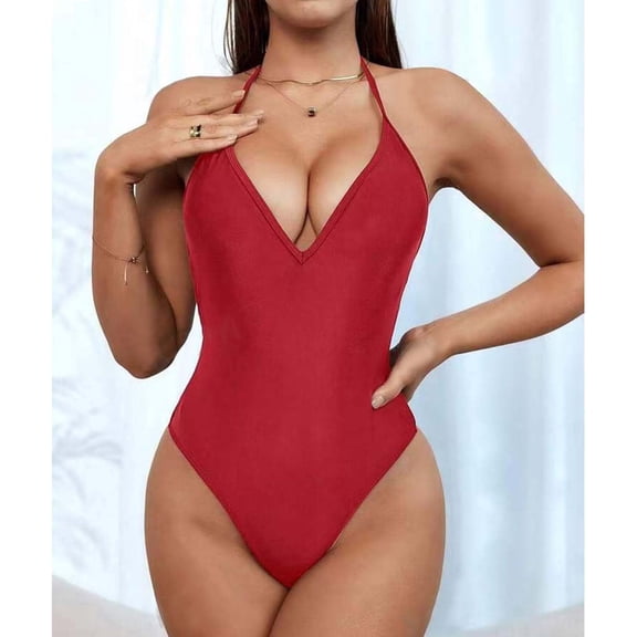 ylioge Womens Deep V Neck Swimsuits Tankini One-Piece Bathing Suits Ladies Trendy Solid Halterneck Backless Sleeveless Swimwear Tankinis