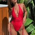 thumbnail image 1 of ylioge Womens Deep V Neck Swimsuits Tankini One-Piece Sleeveless Bathing Suits Ladies Trendy Solid Color Side Drawstring High-Cut Swimsuit, 1 of 6