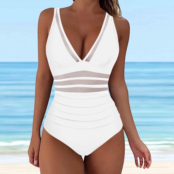 ylioge Womens Deep V Neck Tankini Swimsuits One-Piece Sleeveless Bathing Suits Ladies Trendy Solid Mesh Splice Built in Bras Swimwear Sets