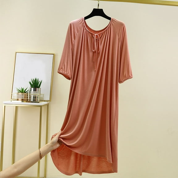 ylioge Womens Elbow-Length Sleeve Nightgowns Soft-Modal V Neck Sleepshirts Ladies Casual Solid Pullover Homewear Pajama Midi Dresses