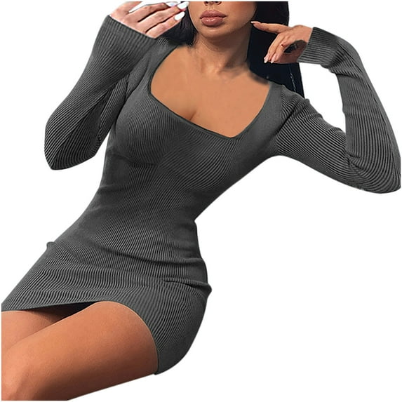 ylioge Womens Fall Dresses Slim Fit Bodycon Chunky Winter Warm Elastic Long Sleeve Square Neck High Waist Pencil Hem Solid Color Mini Dress Fall