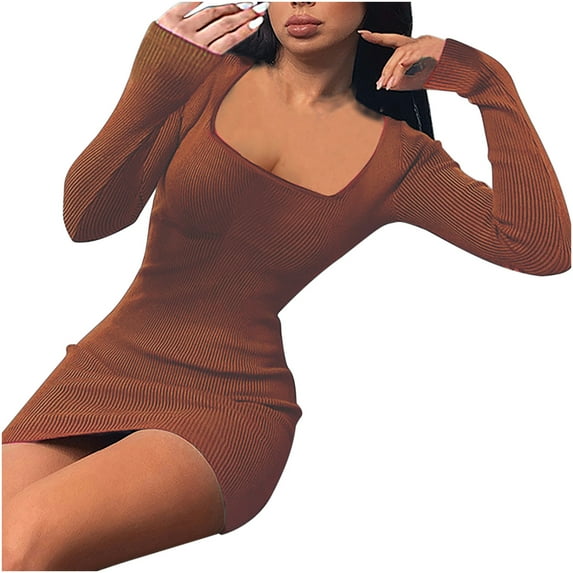ylioge Womens Fall Dresses Slim Fit Bodycon Chunky Winter Warm Elastic Long Sleeve Square Neck High Waist Pencil Hem Solid Color Mini Dress Fall
