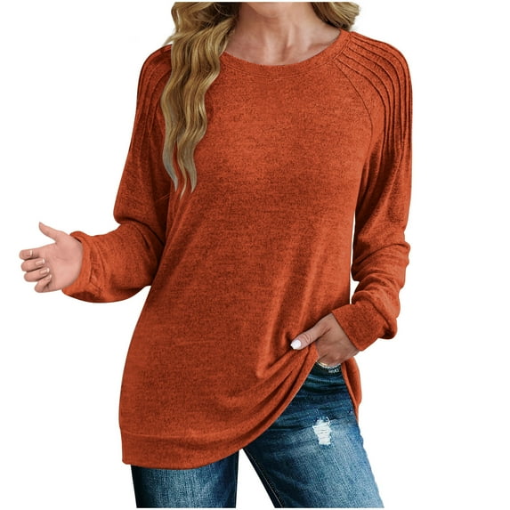 ylioge Womens Fall Fashion 2023, Ladies Crewneck Sweatshirts Casual Loose Solid Color Pleated Long Sleeve Side Slit Pullover Shirts Tops Fall