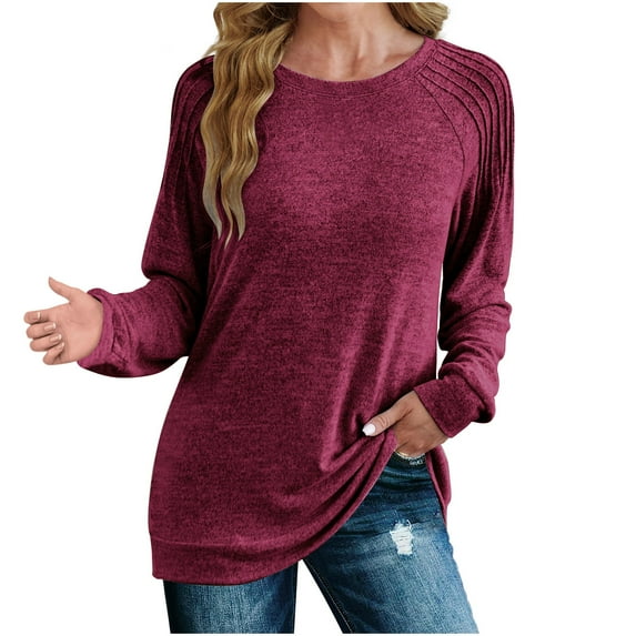 ylioge Womens Fall Fashion 2023, Ladies Crewneck Sweatshirts Casual Loose Solid Color Pleated Long Sleeve Side Slit Pullover Shirts Tops Fall
